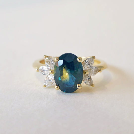 Custom Australian Parti Sapphire and Diamond Engagement Ring