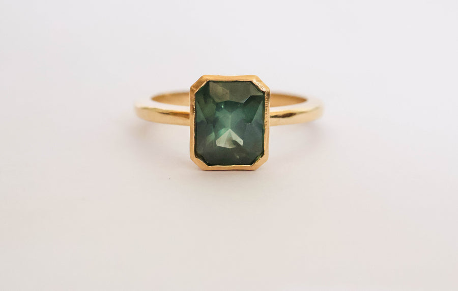 Emerald Cut Australian Parti Sapphire Solitaire Ring 1