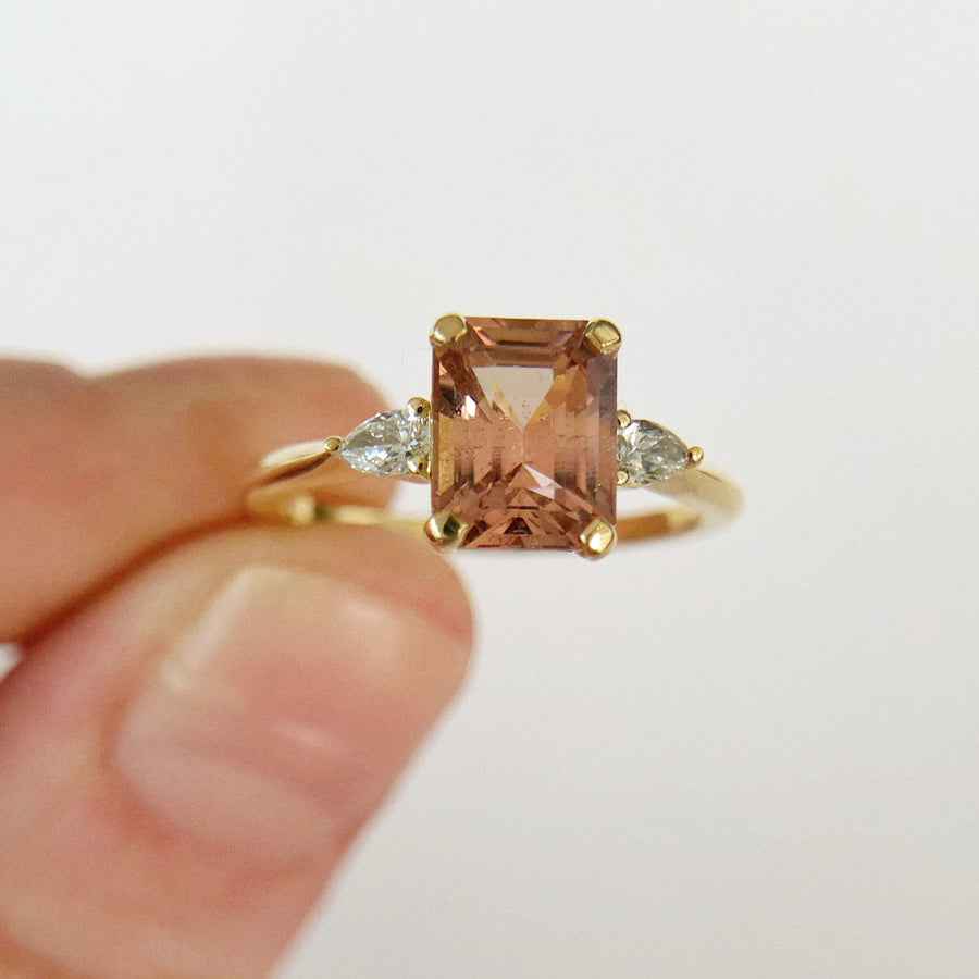 Big Pink Tourmaline Ring with Pear Diamonds