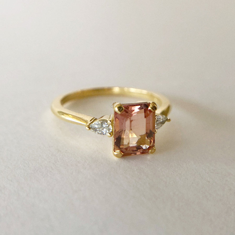 Big Pink Tourmaline Ring with Pear Diamonds