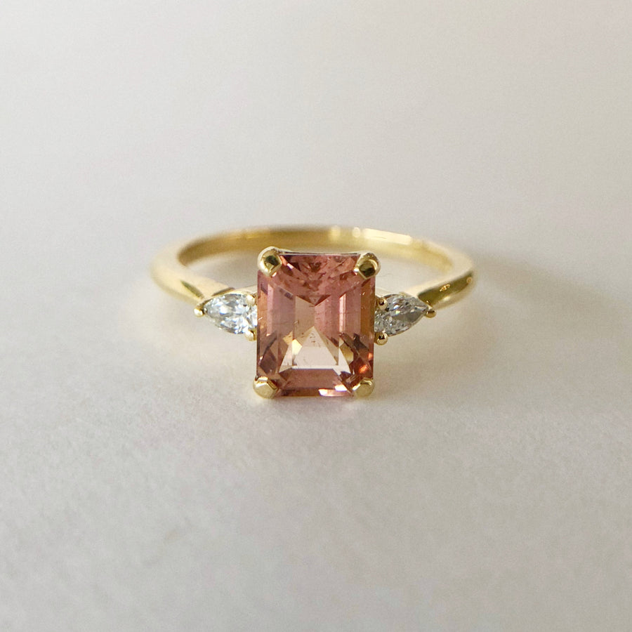 Big Pink Tourmaline Ring with Pear Diamonds