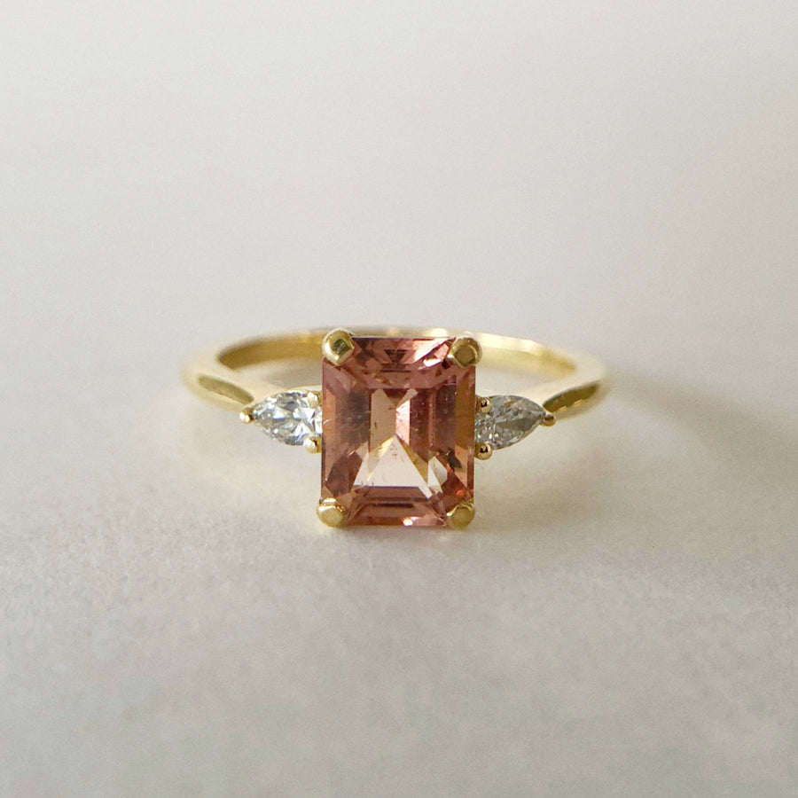 Big Pink Tourmaline Ring with Pear Diamonds