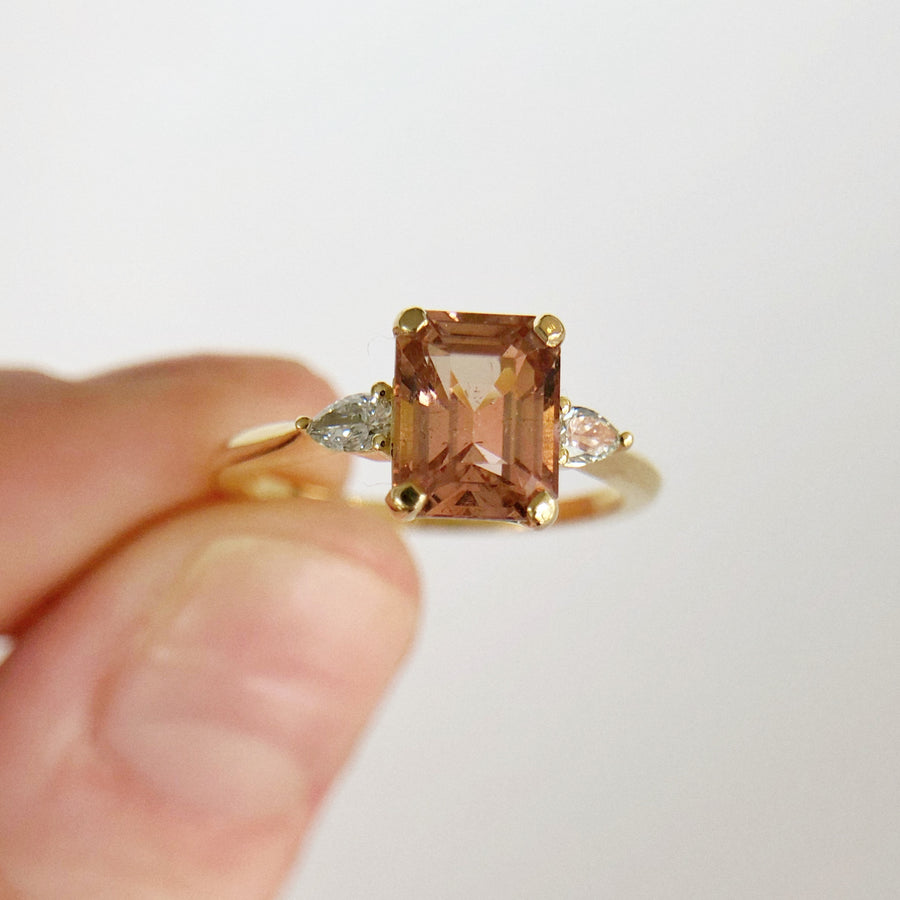 Big Pink Tourmaline Ring with Pear Diamonds