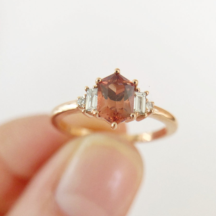 Garnet Elongated Hexagon Ring with Diamonds