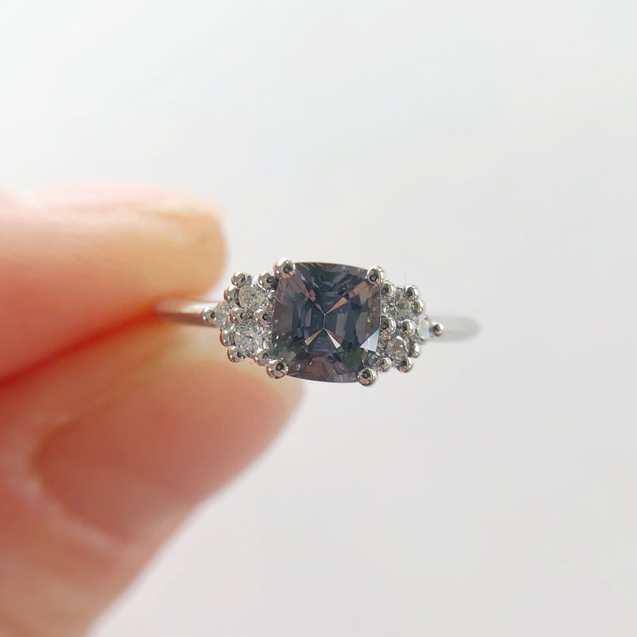 Grey Spinel Cushion Ring with Diamonds
