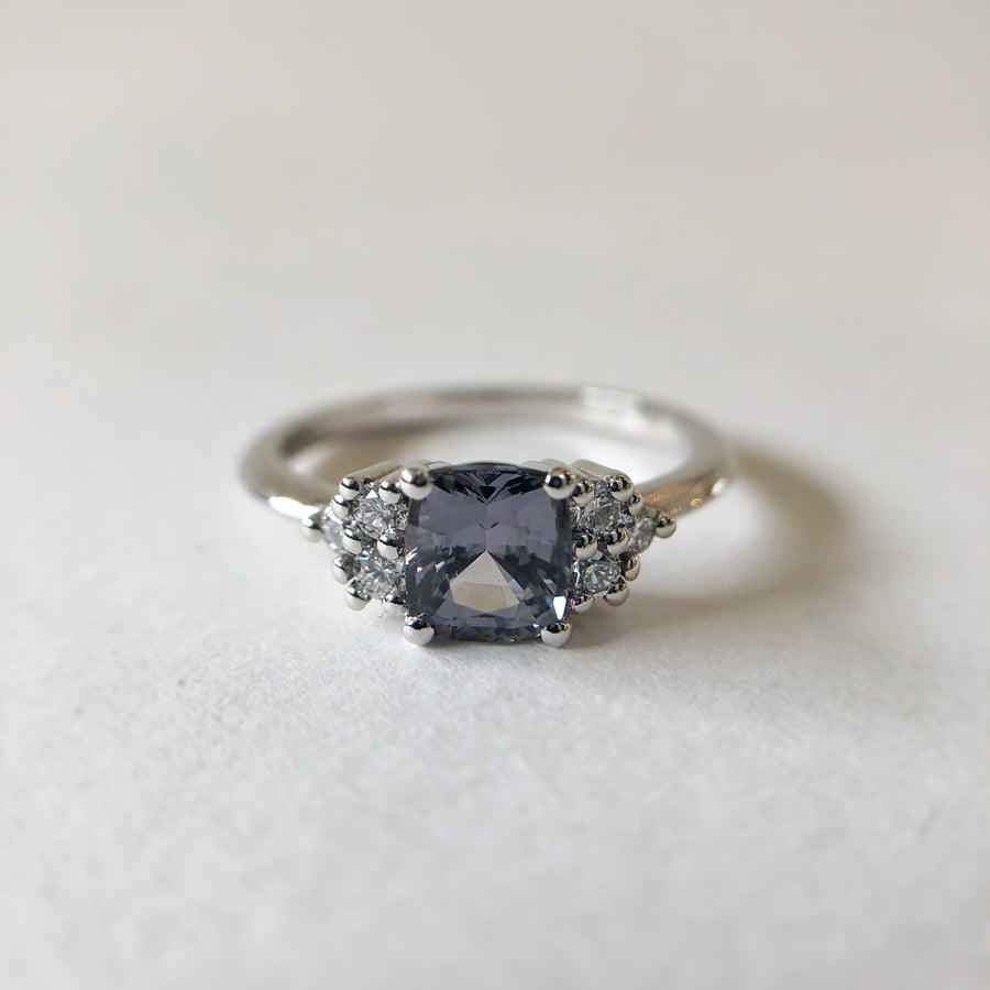 Grey Spinel Cushion Ring with Diamonds