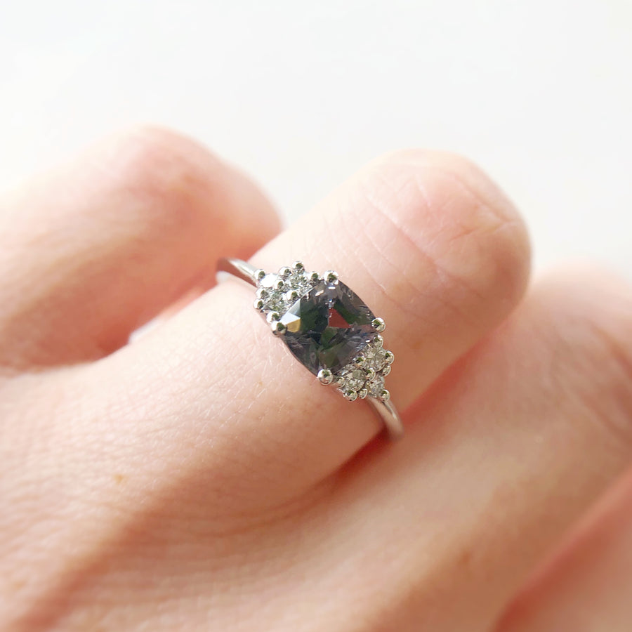 Grey Spinel Cushion Ring with Diamonds