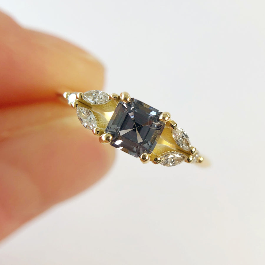 Marquise Leaf Grey Spinel Ring with Diamonds