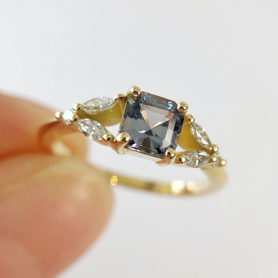 Marquise Leaf Grey Spinel Ring with Diamonds