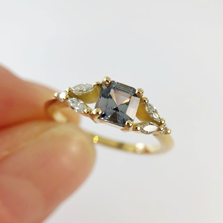 Marquise Leaf Grey Spinel Ring with Diamonds