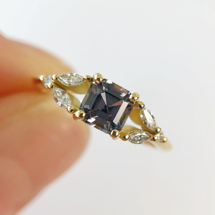 Marquise Leaf Grey Spinel Ring with Diamonds