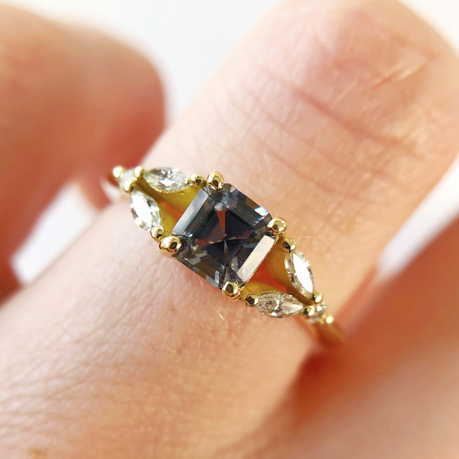 Marquise Leaf Grey Spinel Ring with Diamonds