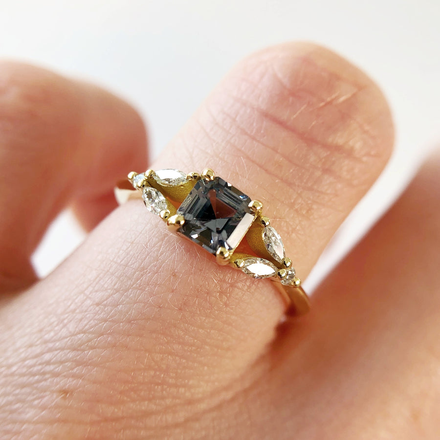 Marquise Leaf Grey Spinel Ring with Diamonds