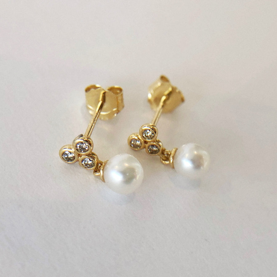 Triple Diamond and Pearl Earrings