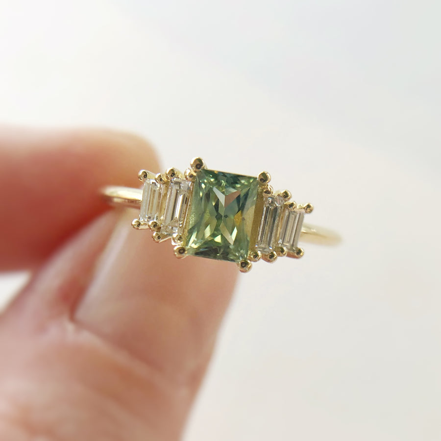 Radiant Cut Green Australian Sapphire Ring with Diamonds