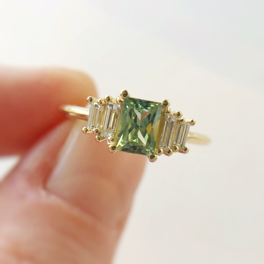 Radiant Cut Green Australian Sapphire Ring with Diamonds