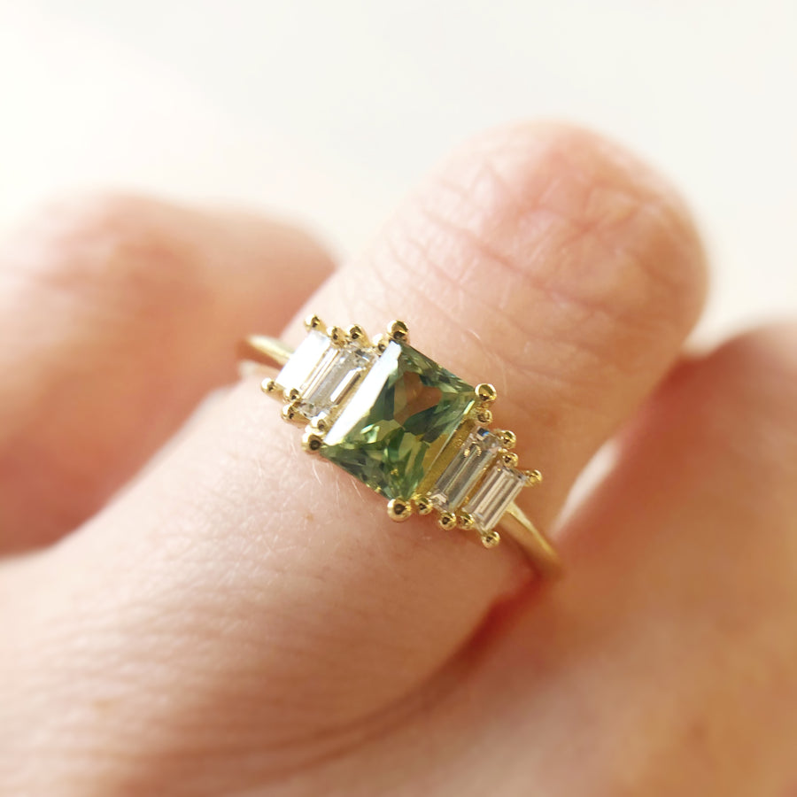 Radiant Cut Green Australian Sapphire Ring with Diamonds