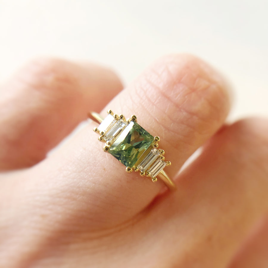 Radiant Cut Green Australian Sapphire Ring with Diamonds