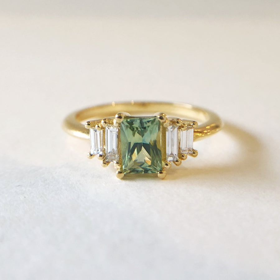 Radiant Cut Green Australian Sapphire Ring with Diamonds