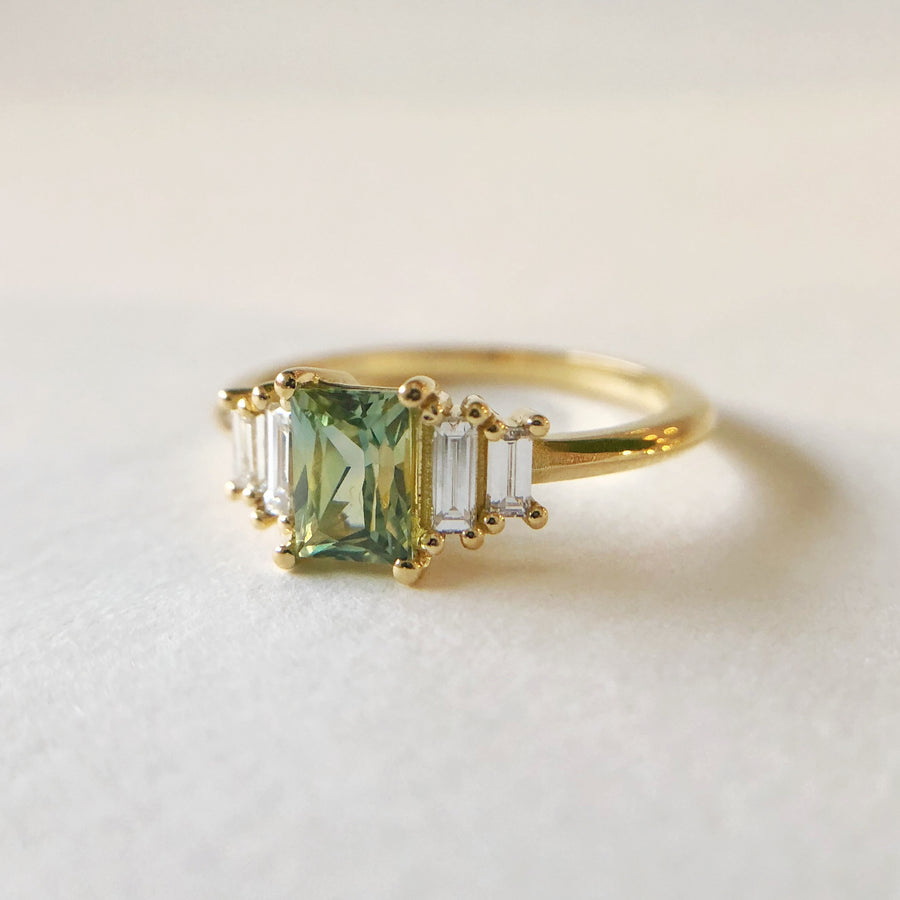 Radiant Cut Green Australian Sapphire Ring with Diamonds
