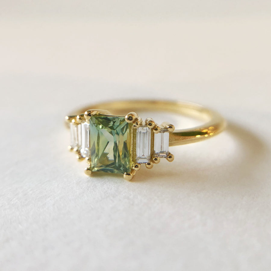 Radiant Cut Green Australian Sapphire Ring with Diamonds