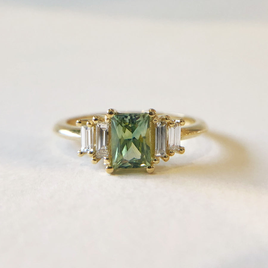 Radiant Cut Green Australian Sapphire Ring with Diamonds