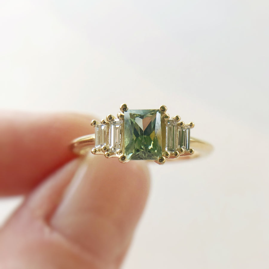 Radiant Cut Green Australian Sapphire Ring with Diamonds