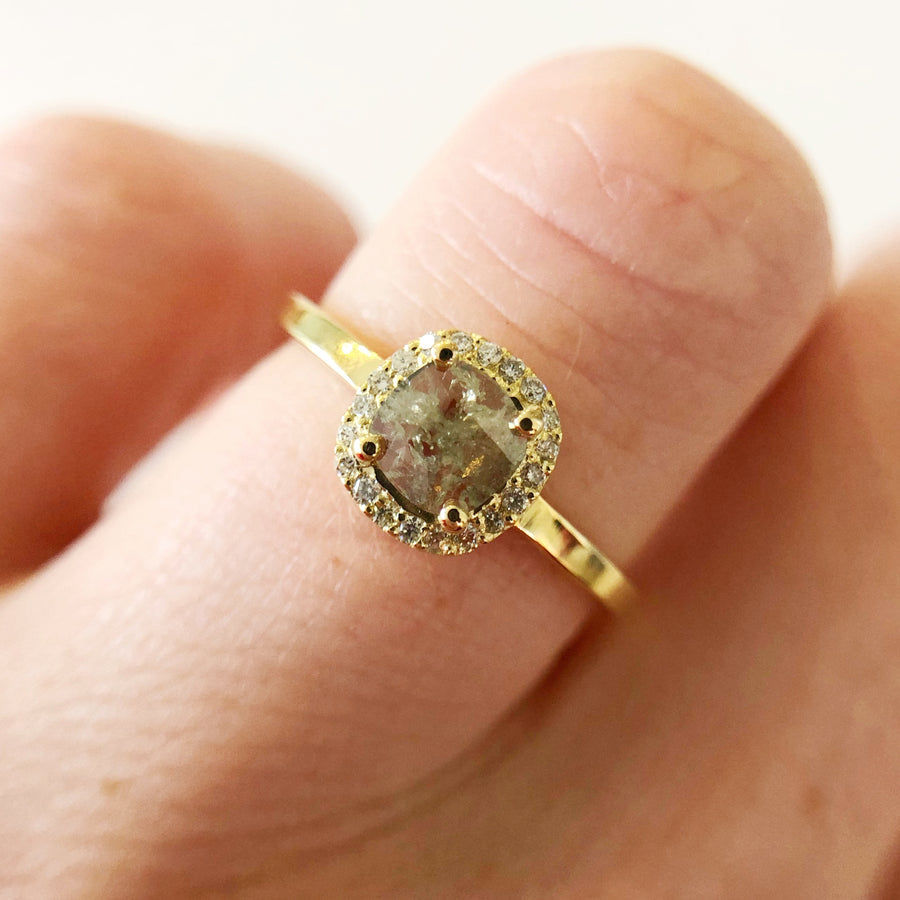 Salt and Pepper Diamond Halo Ring